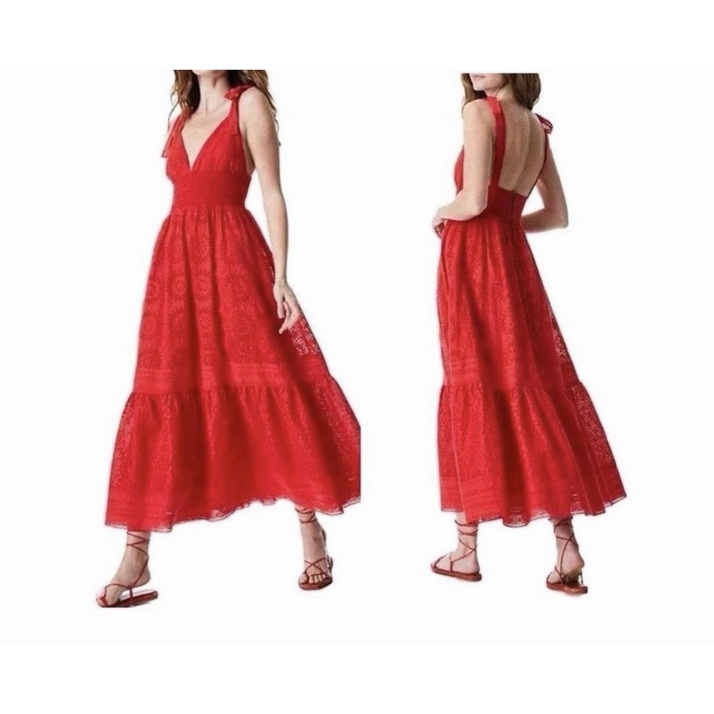 Alice + Olivia Levine Eyelet Maxi Dress Sz S 2/4/6 Embroidered Red Cotton Linen